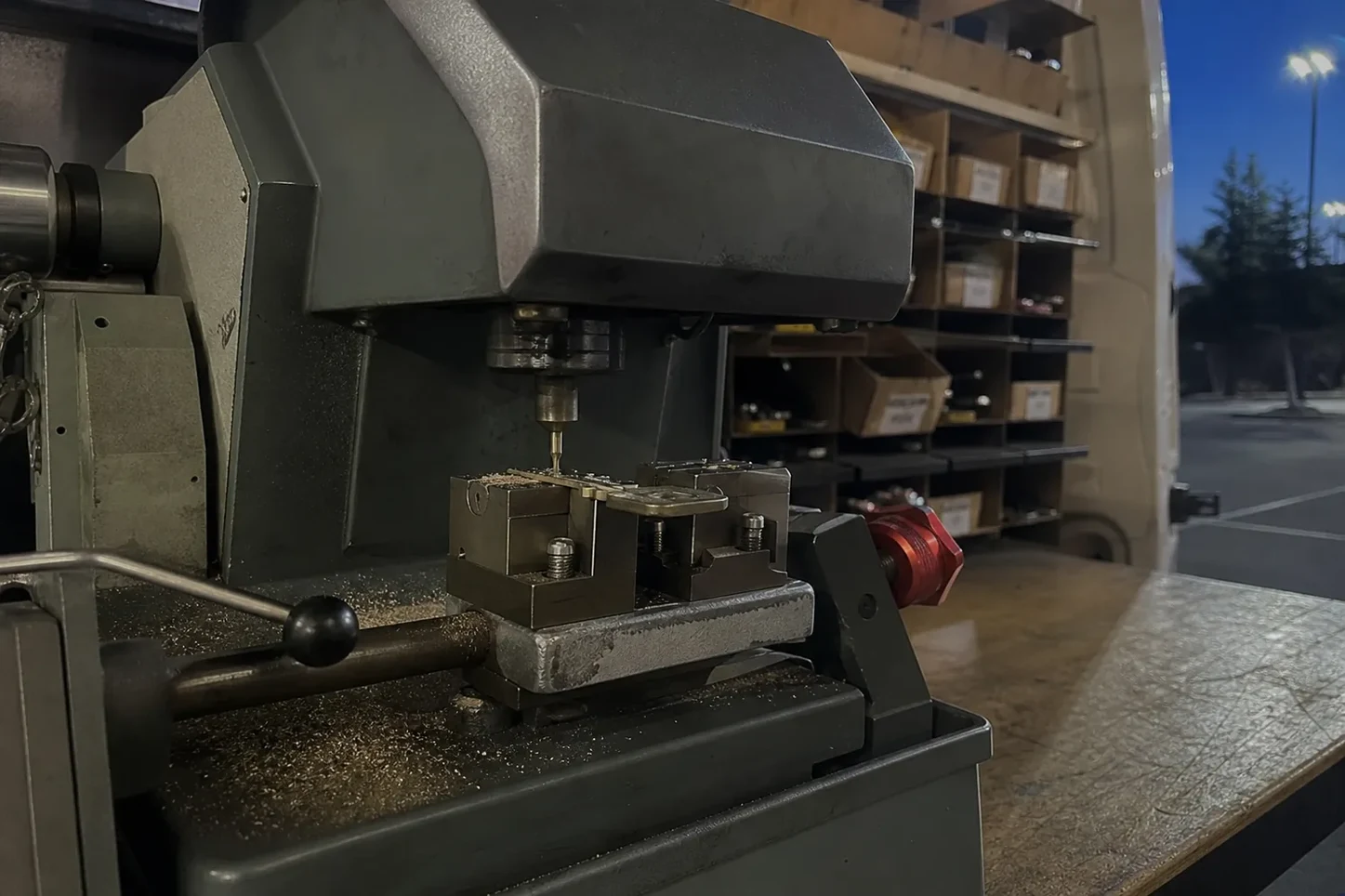 Key cutting machine in the service van, San Marcos, TX